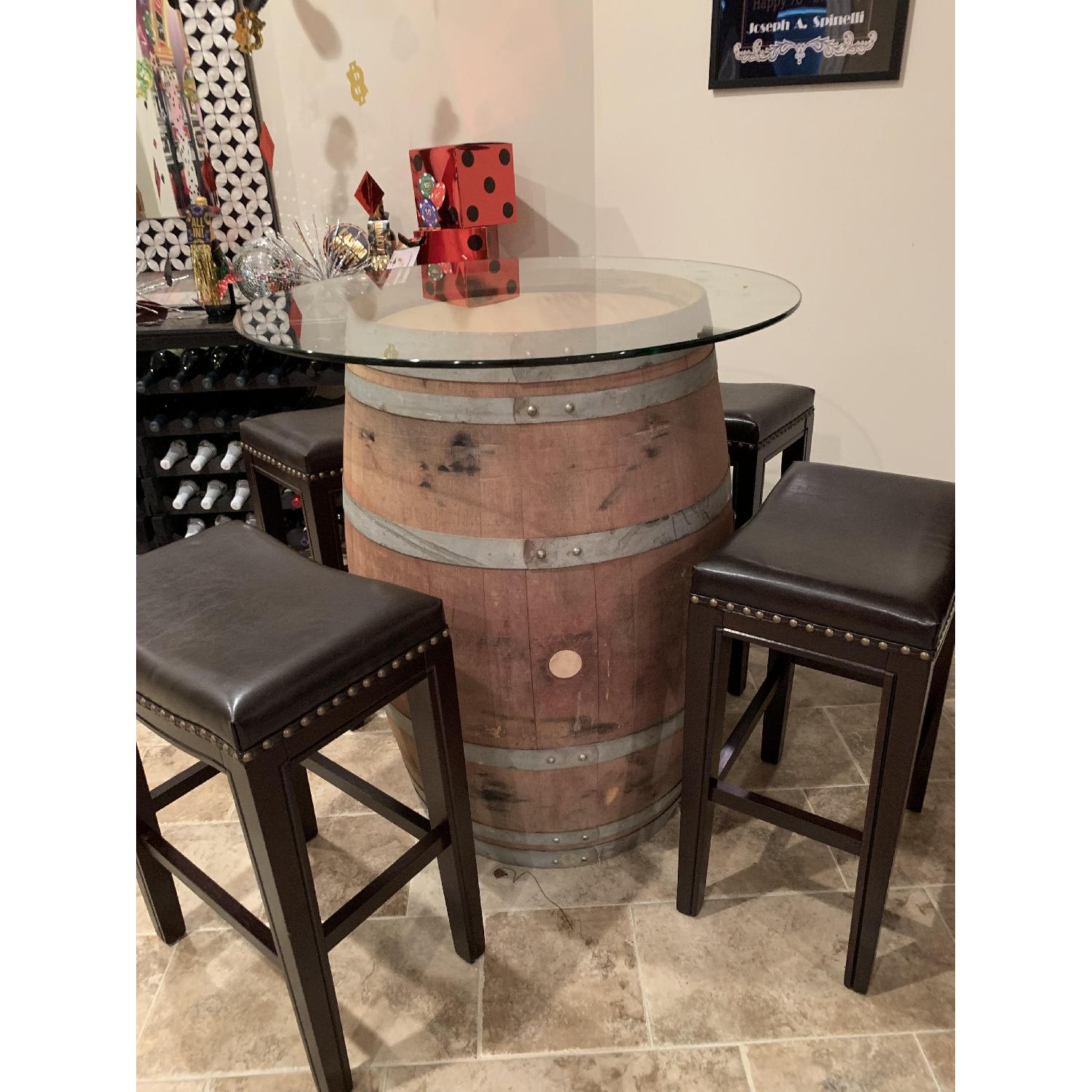 Wine Barrel Glass Top Table w/ 4 Leather Bar Stools AptDeco