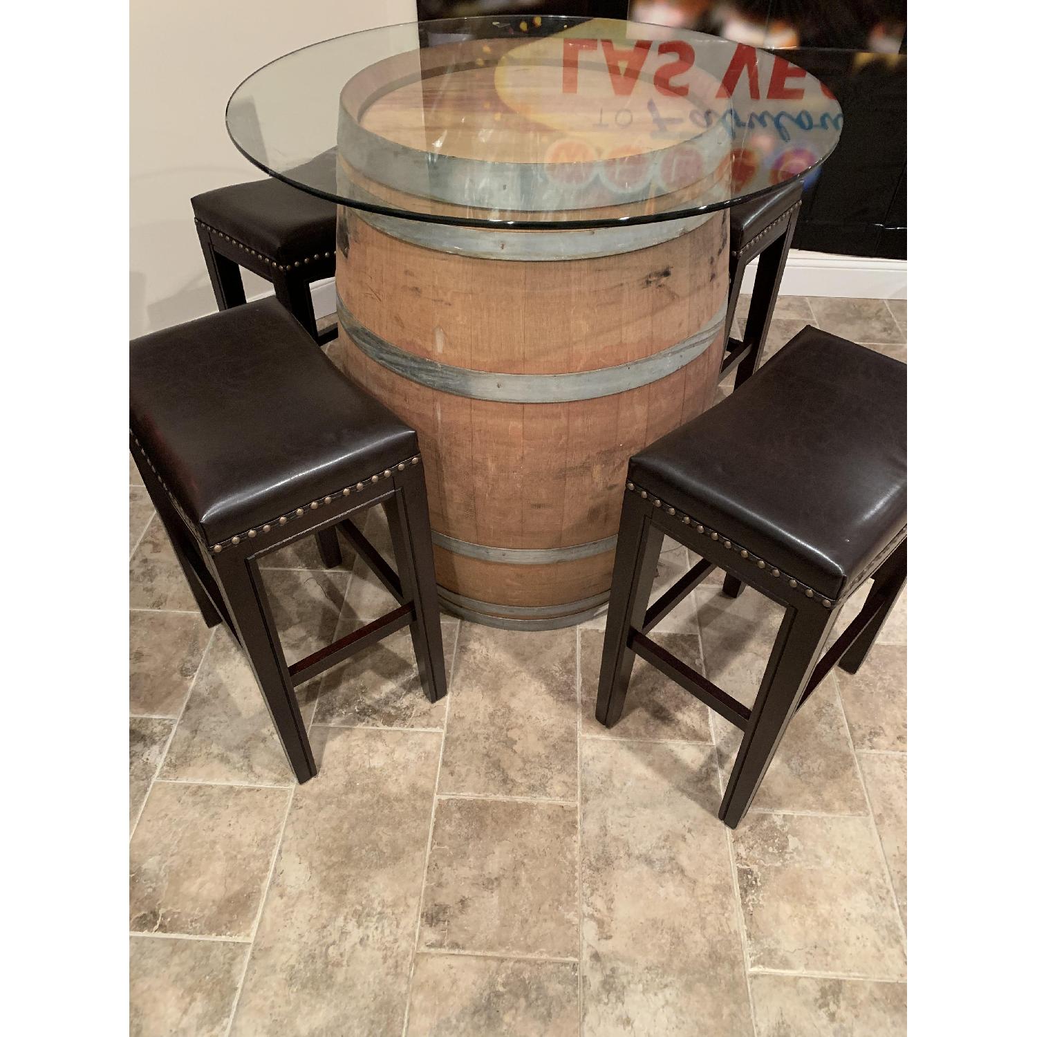 Wine Barrel Glass Top Table w/ 4 Leather Bar Stools - image-2