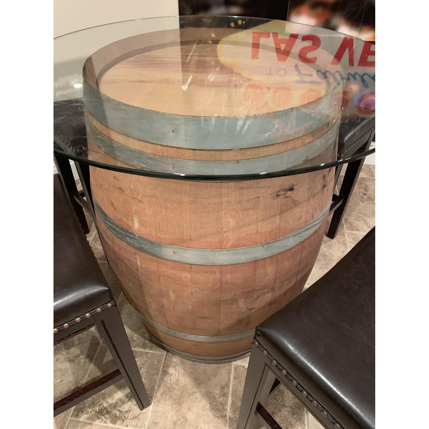 Wine Barrel Glass Top Table w/ 4 Leather Bar Stools AptDeco