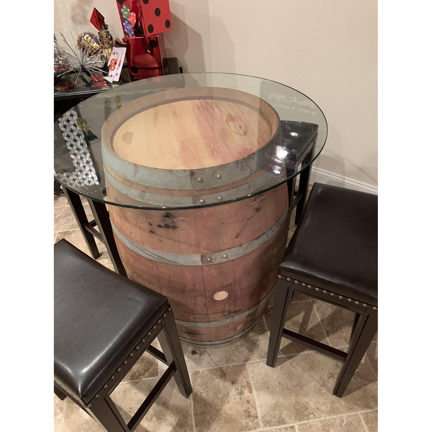 Wine Barrel Glass Top Table w/ 4 Leather Bar Stools AptDeco