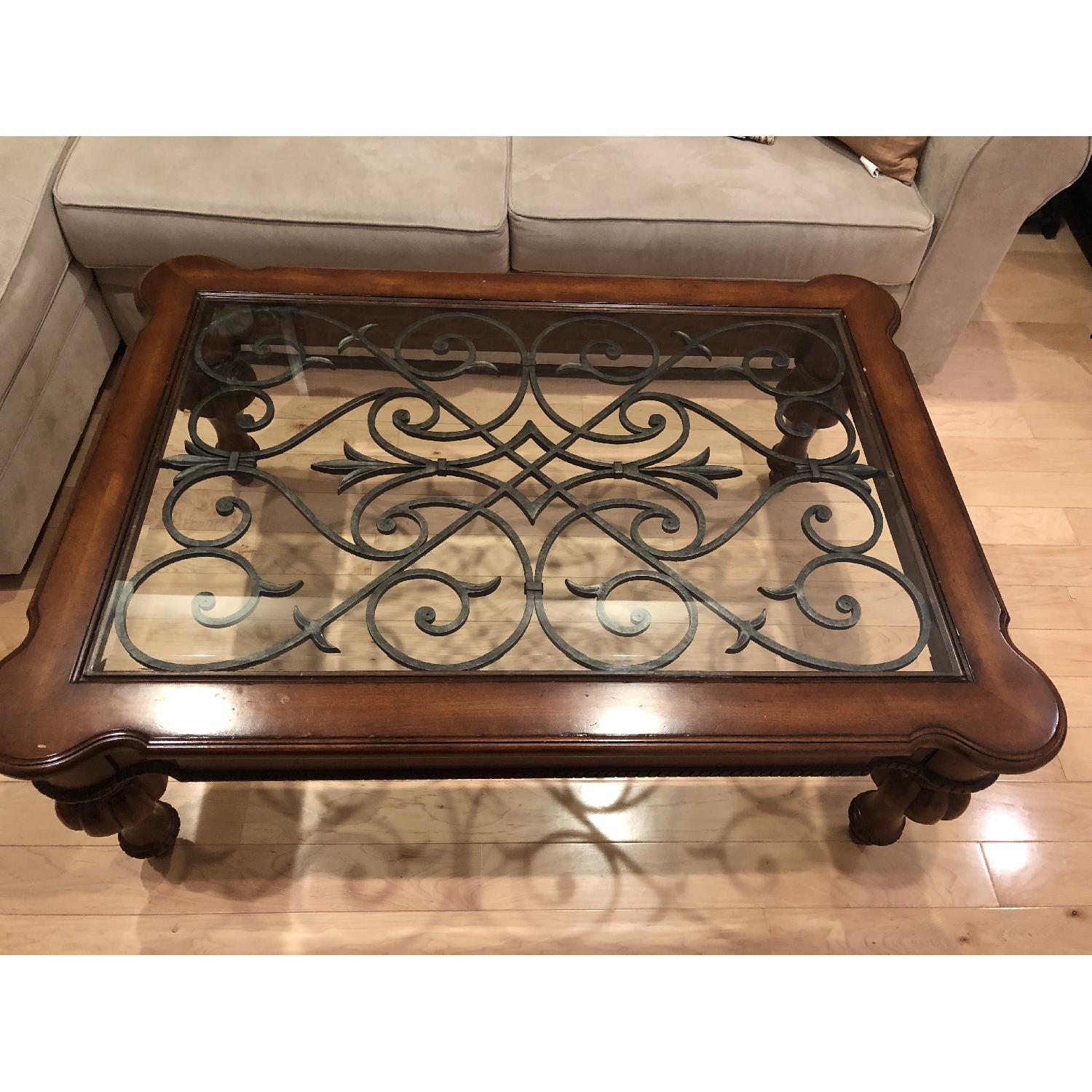 Ethan Allen Dark Wood & Glass Coffee Table AptDeco