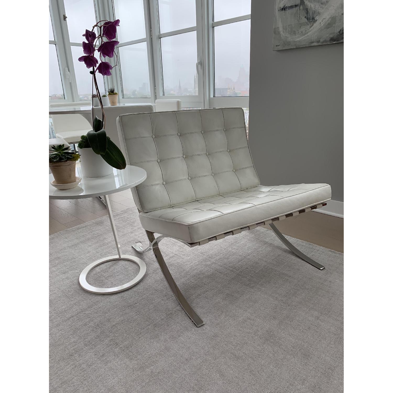 White Leather & Chrome Barcelona Style Lounge Chair - image-1