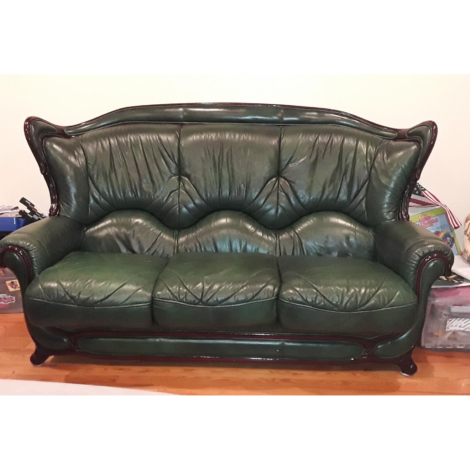 Roma Furniture Hunter Green Leather Sofa w/ Wood Frame AptDeco