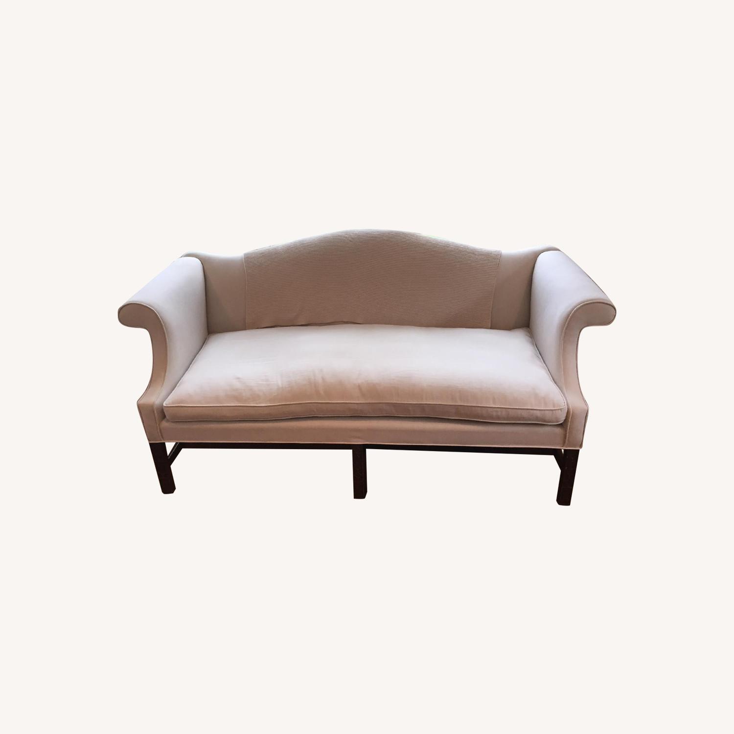 Vintage Camelback Linen Sofa with Down Seat - image-0