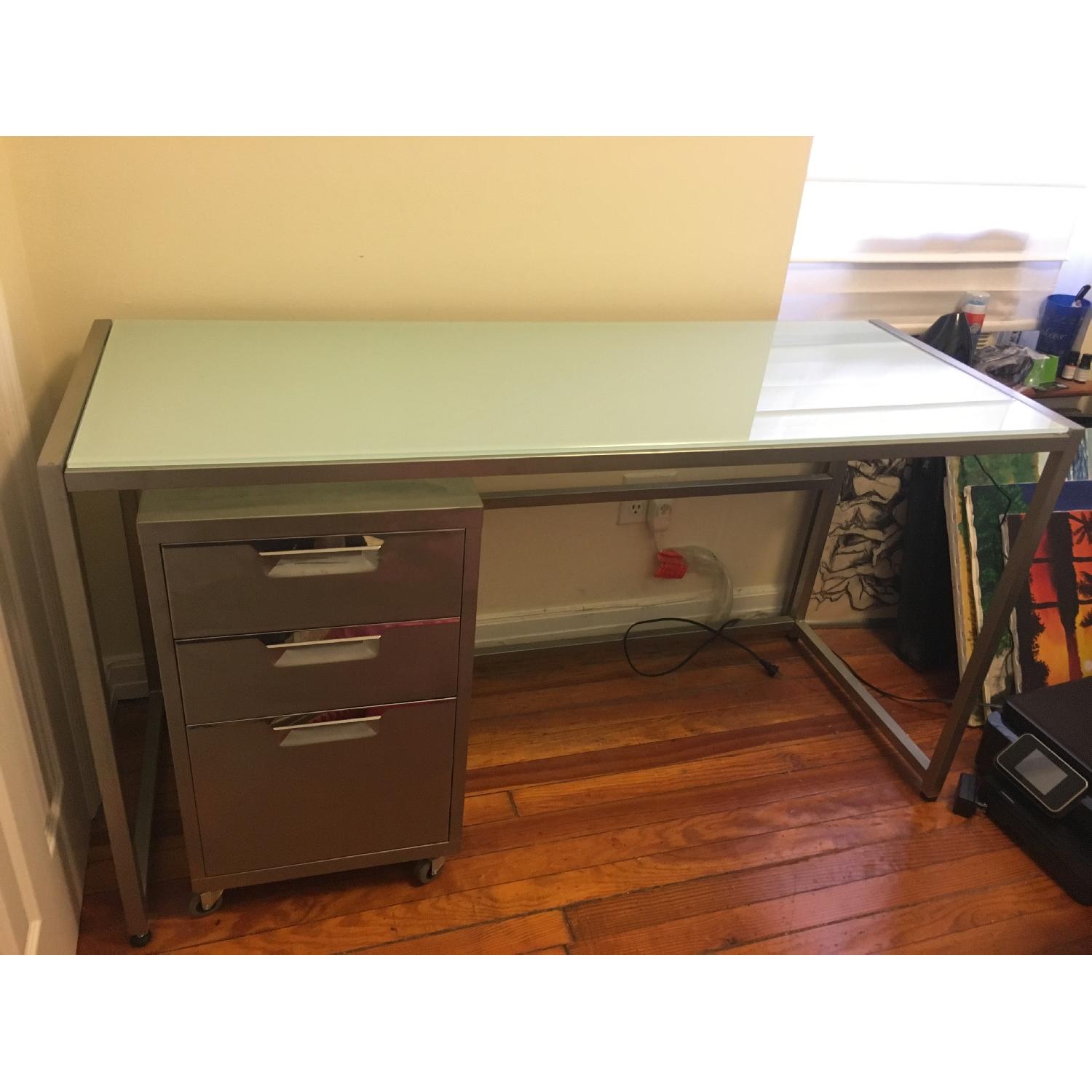 CB2 Trig Frosted Glass Desk with Meta Filing Cabinet - image-1
