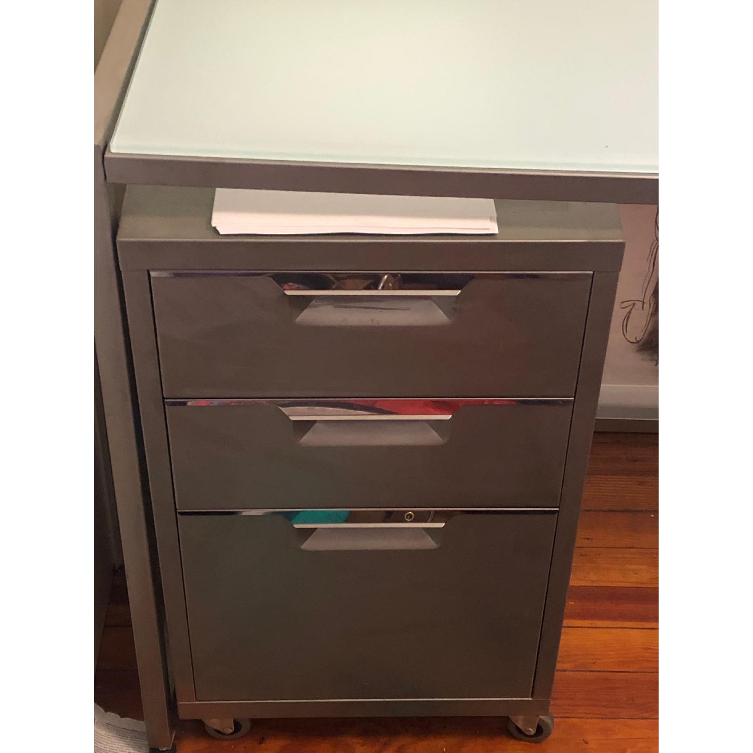 CB2 Trig Frosted Glass Desk with Meta Filing Cabinet - image-3