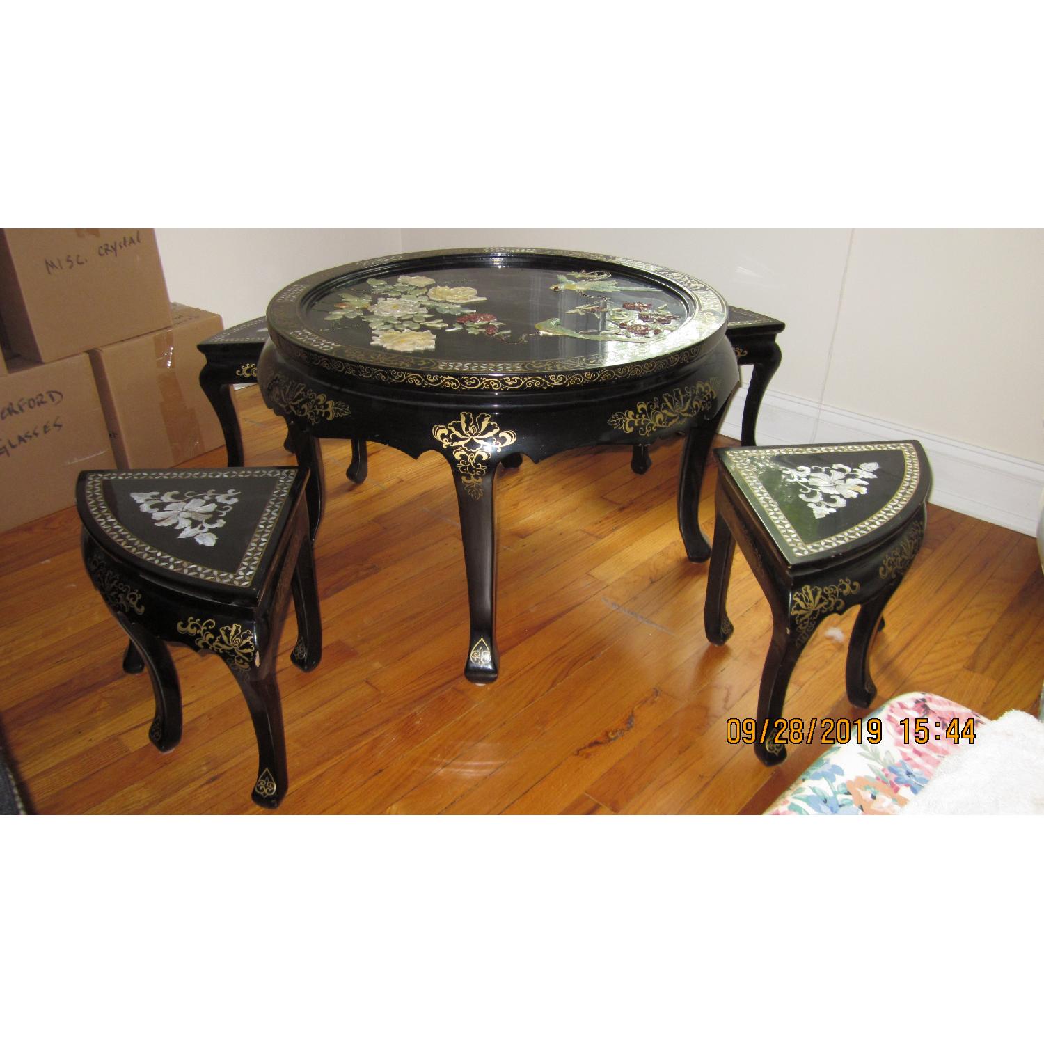Oriental Tea/Coffee Table w/ 4 Stools - image-0