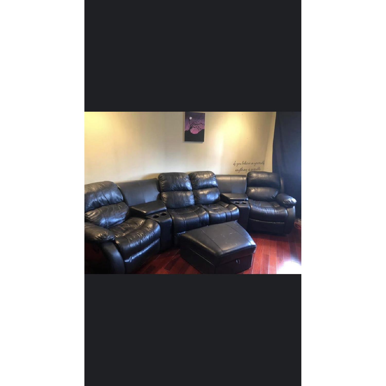 Black Leather Reclining Sectional Sofa w/ Cup Holders - image-1