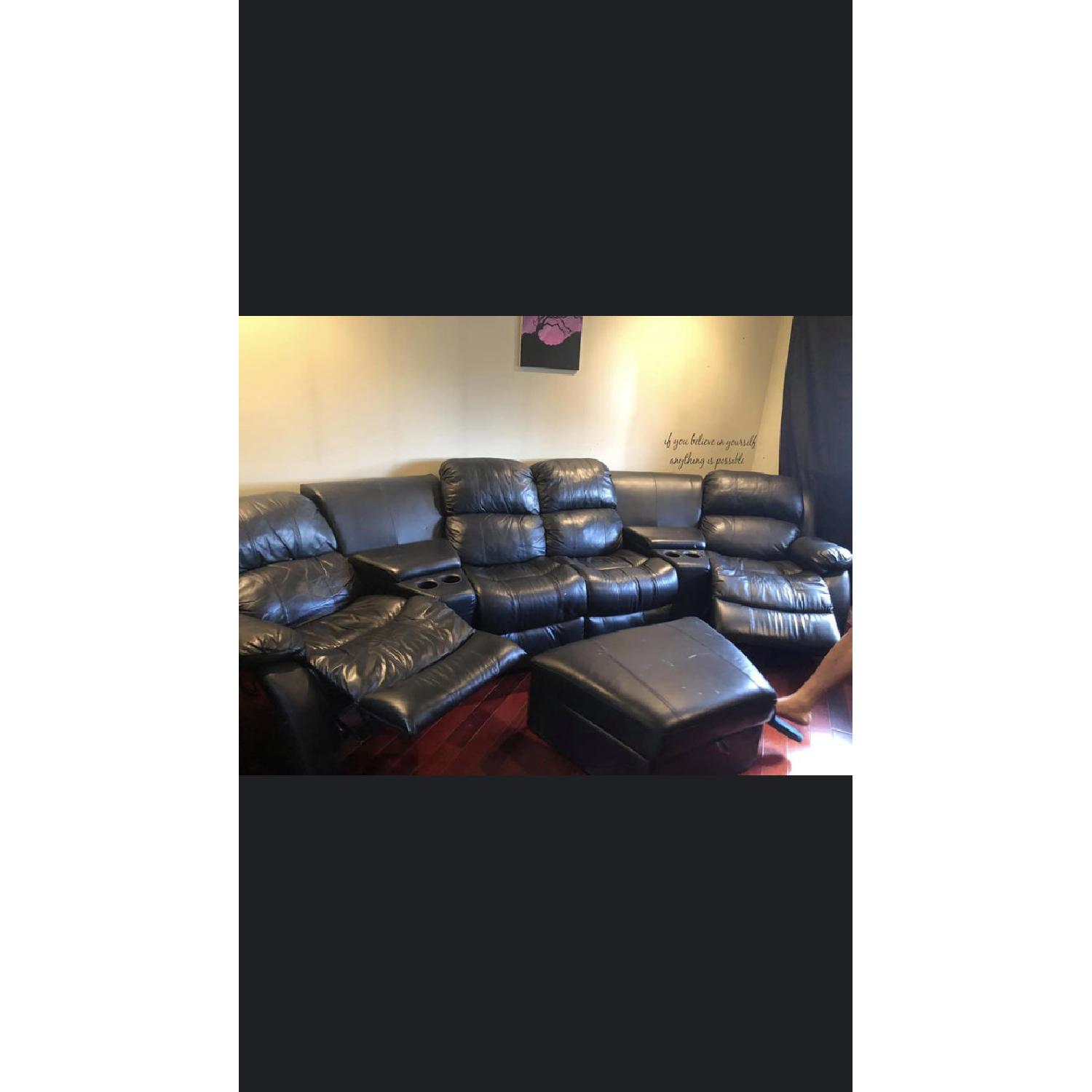 Black Leather Reclining Sectional Sofa w/ Cup Holders - image-2