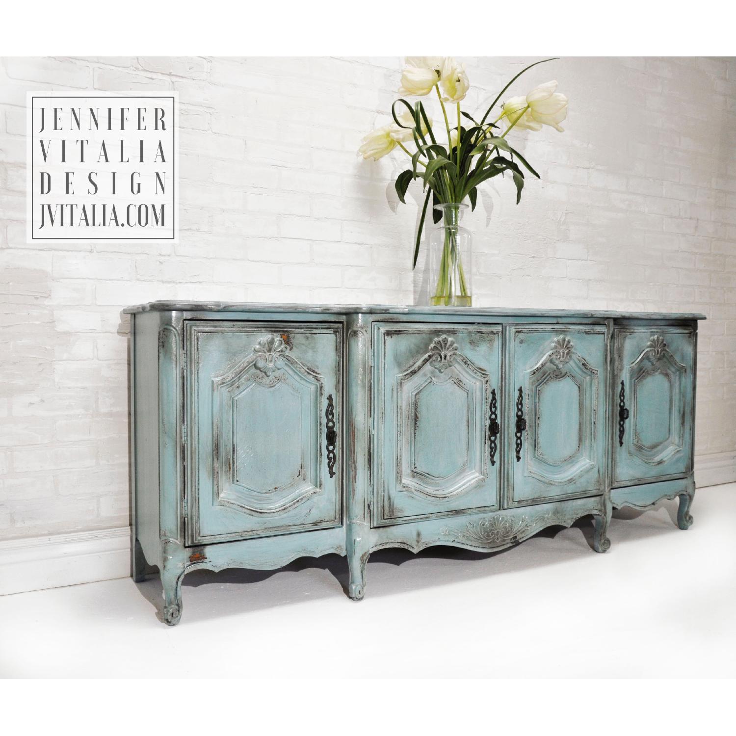 Thomasville Teal Antiqued Low Media Cabinet Sideboard - image-1