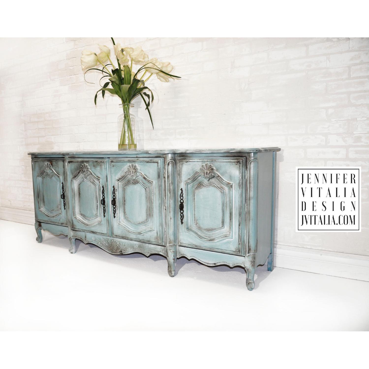 Thomasville Teal Antiqued Low Media Cabinet Sideboard - image-3