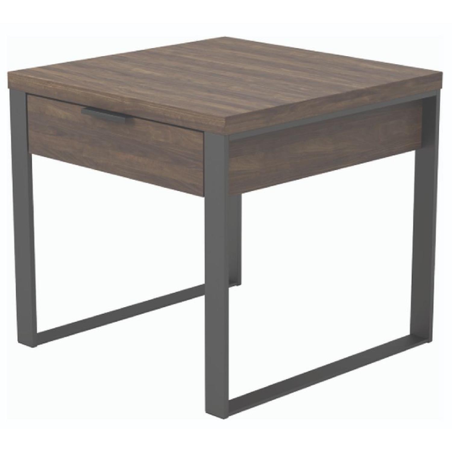 End Table w/ A Drawer in Age Walnut & Black Metal Legs AptDeco