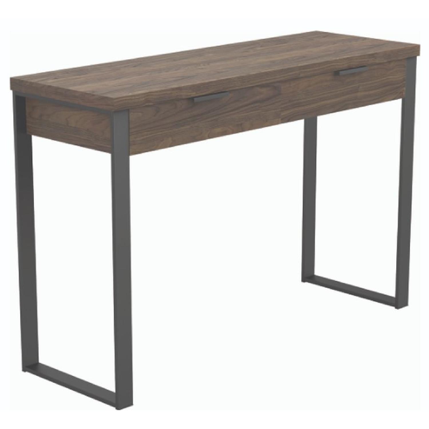 Sofa Table W 2 Drawers In Age Walnut Black Metal Legs For