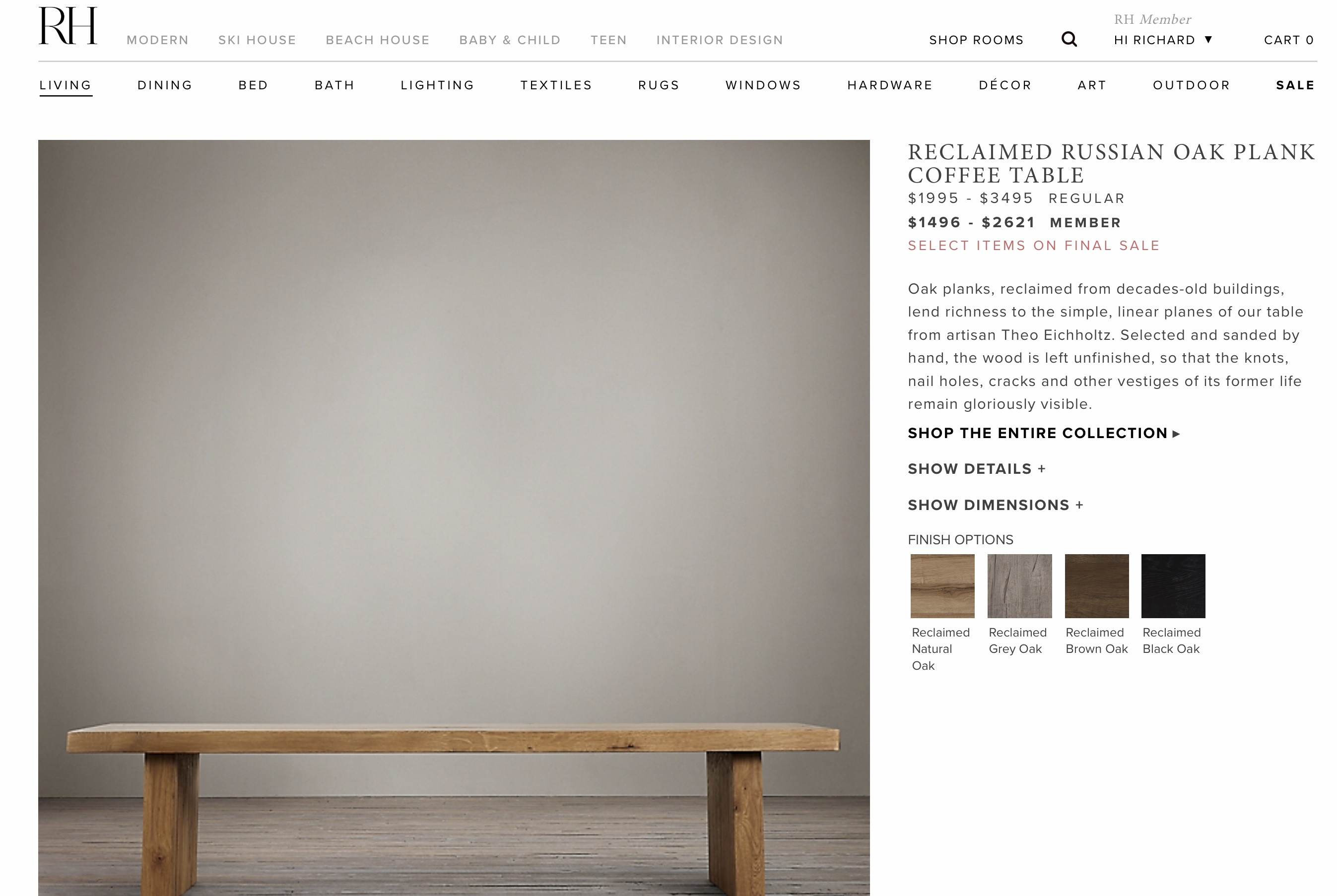 Restoration Hardware Reclaimed Russian Oak Coffee Table