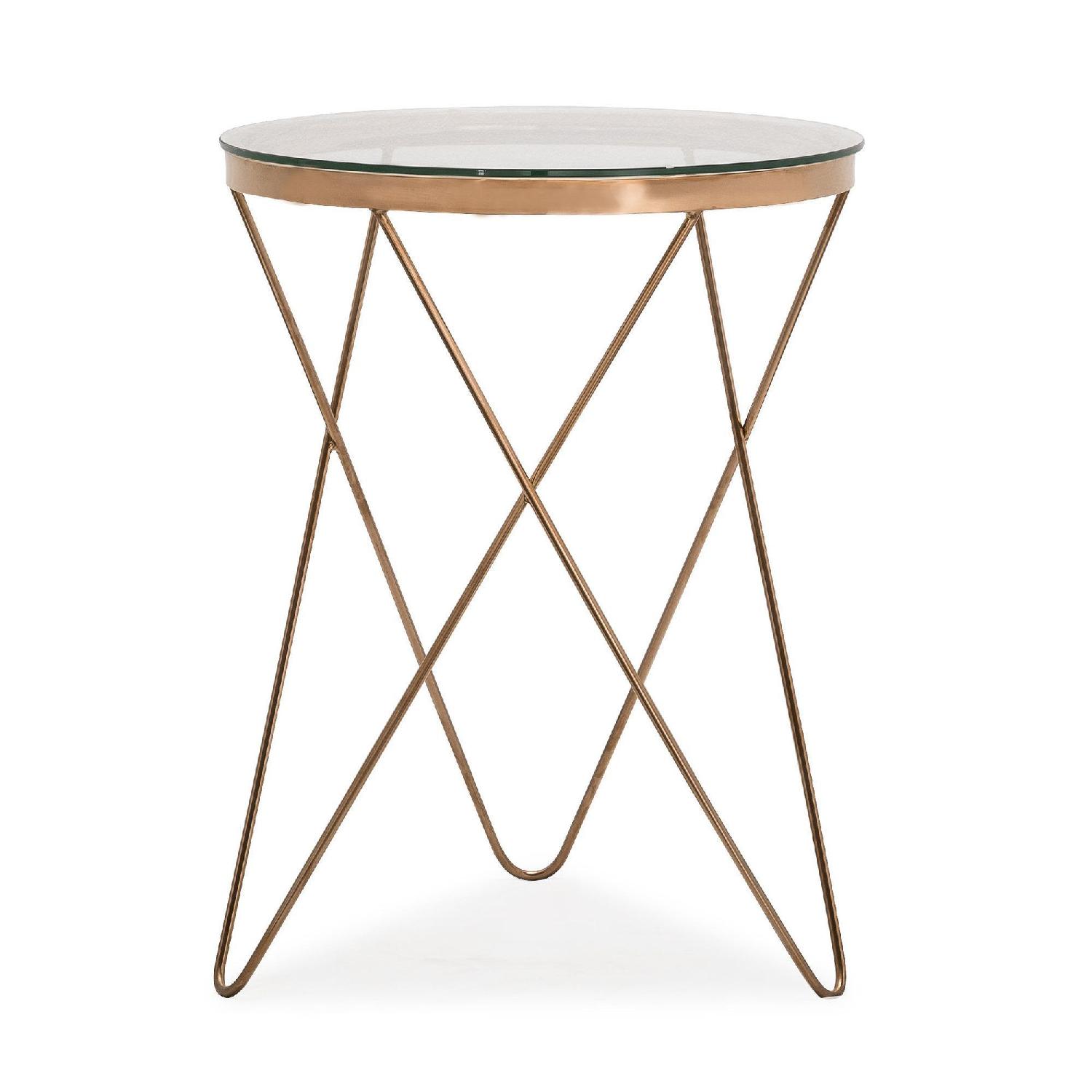Round Rose Gold Metal Side Table w/ Glass Top AptDeco