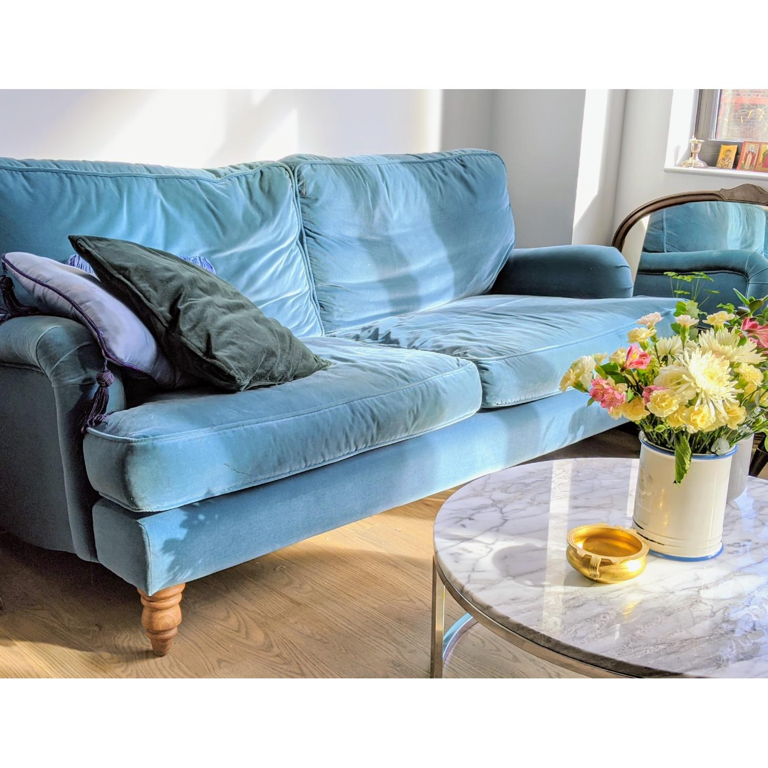 Bespoke English Turquoise Velvet Sofa - image-3