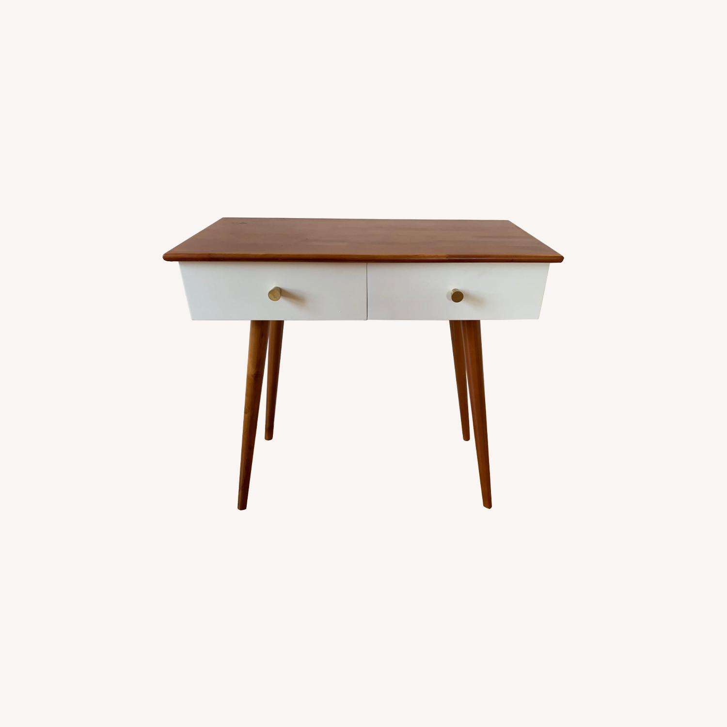 Mid Century Brown Vanity Desk w/ White Drawers - image-0