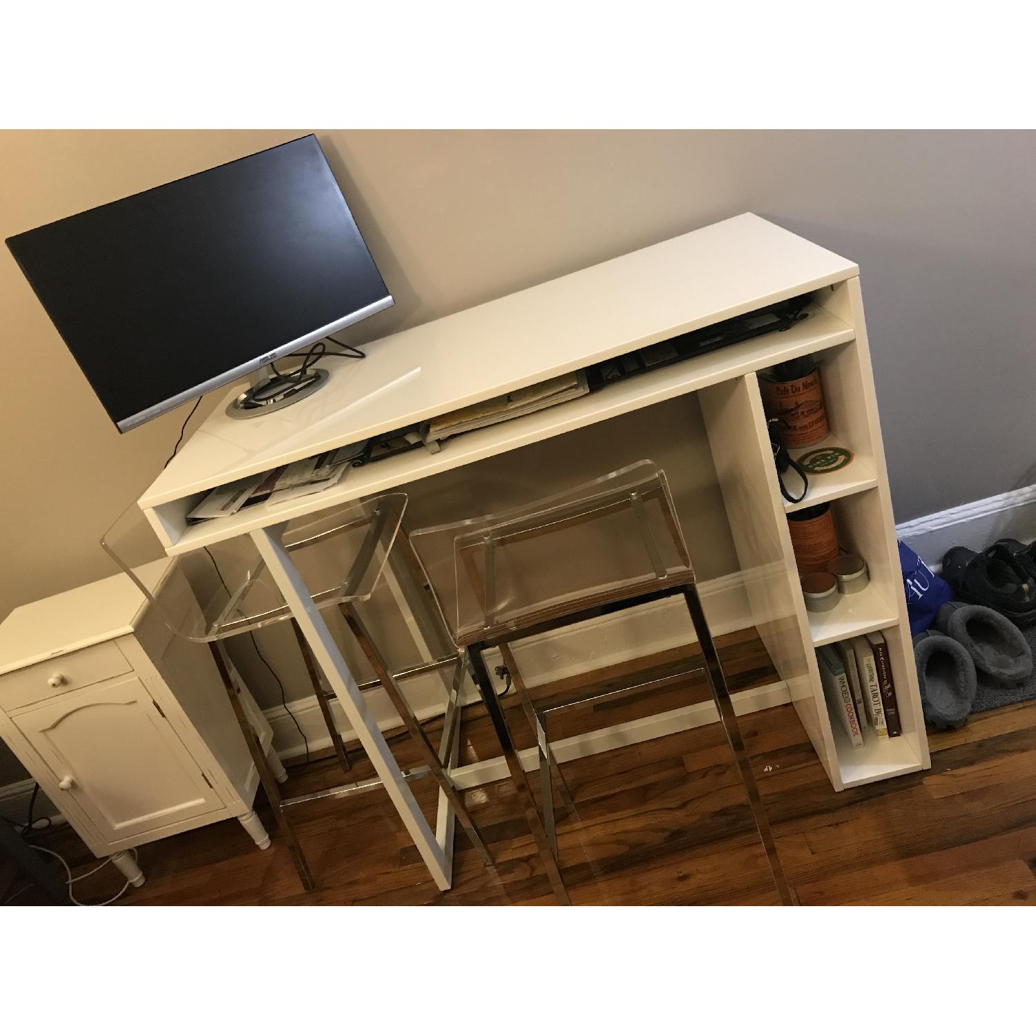 CB2 White Hightop Table w/ 2 Stools AptDeco