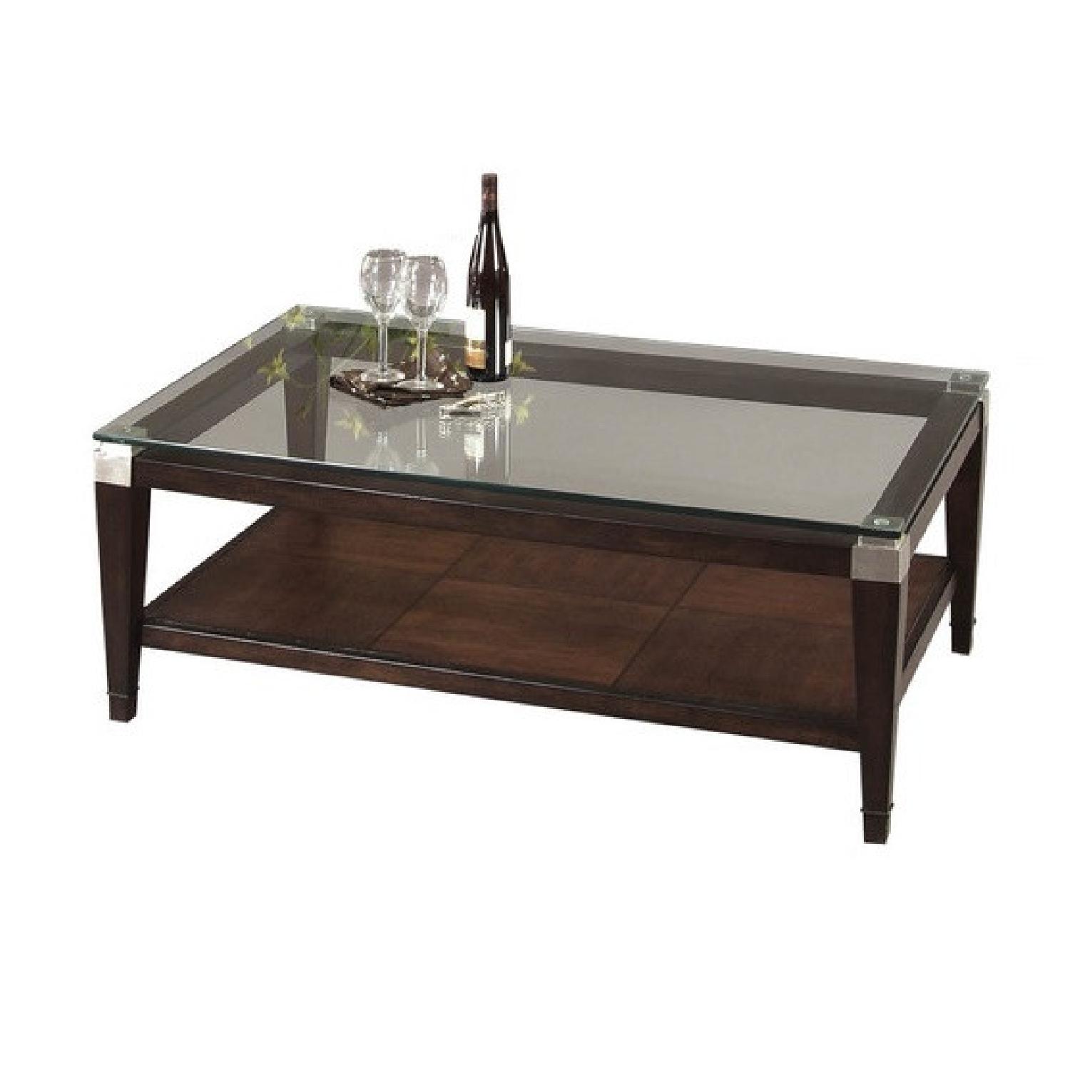 Raymour & Flanigan Glass Coffee Table in Walnut Finish AptDeco