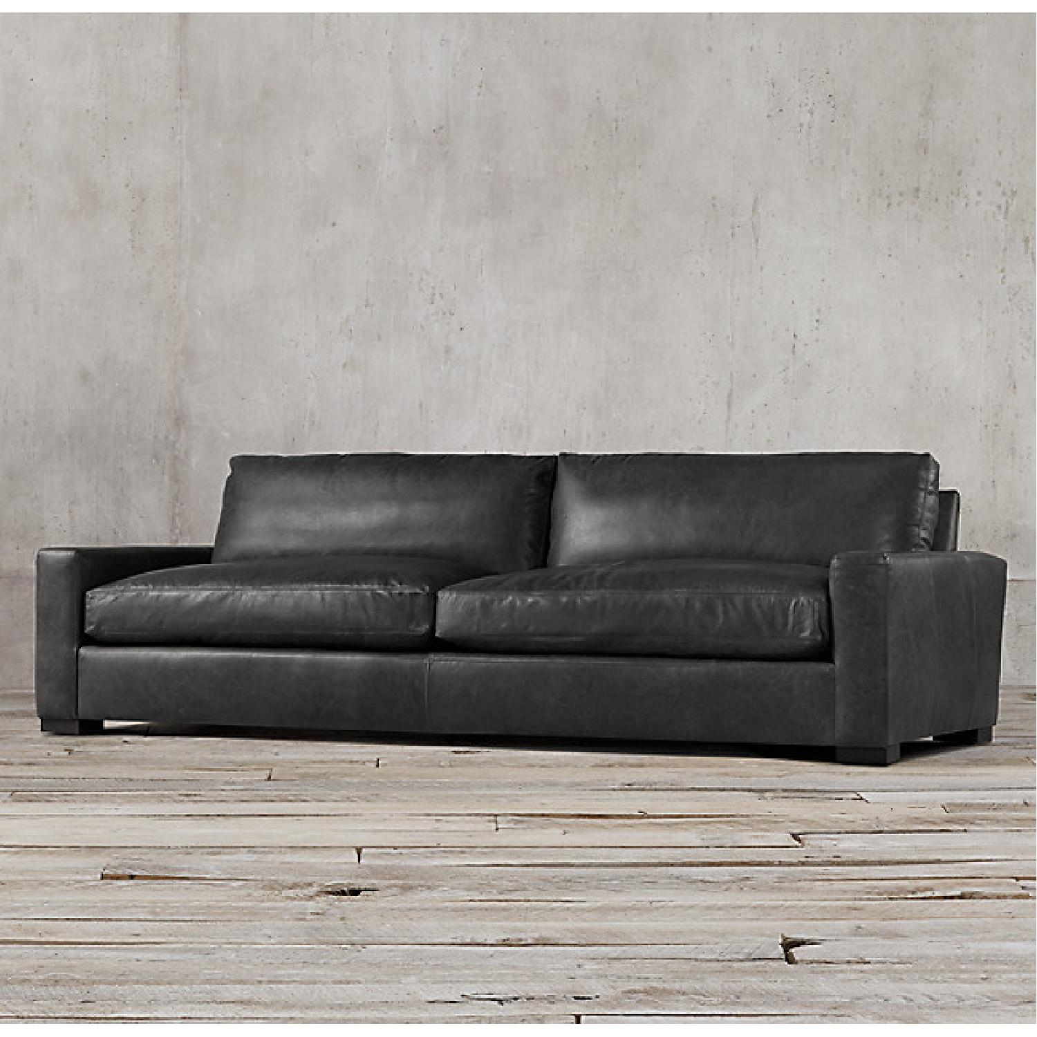 Restoration Hardware Deep Black Leather Sofa - image-4
