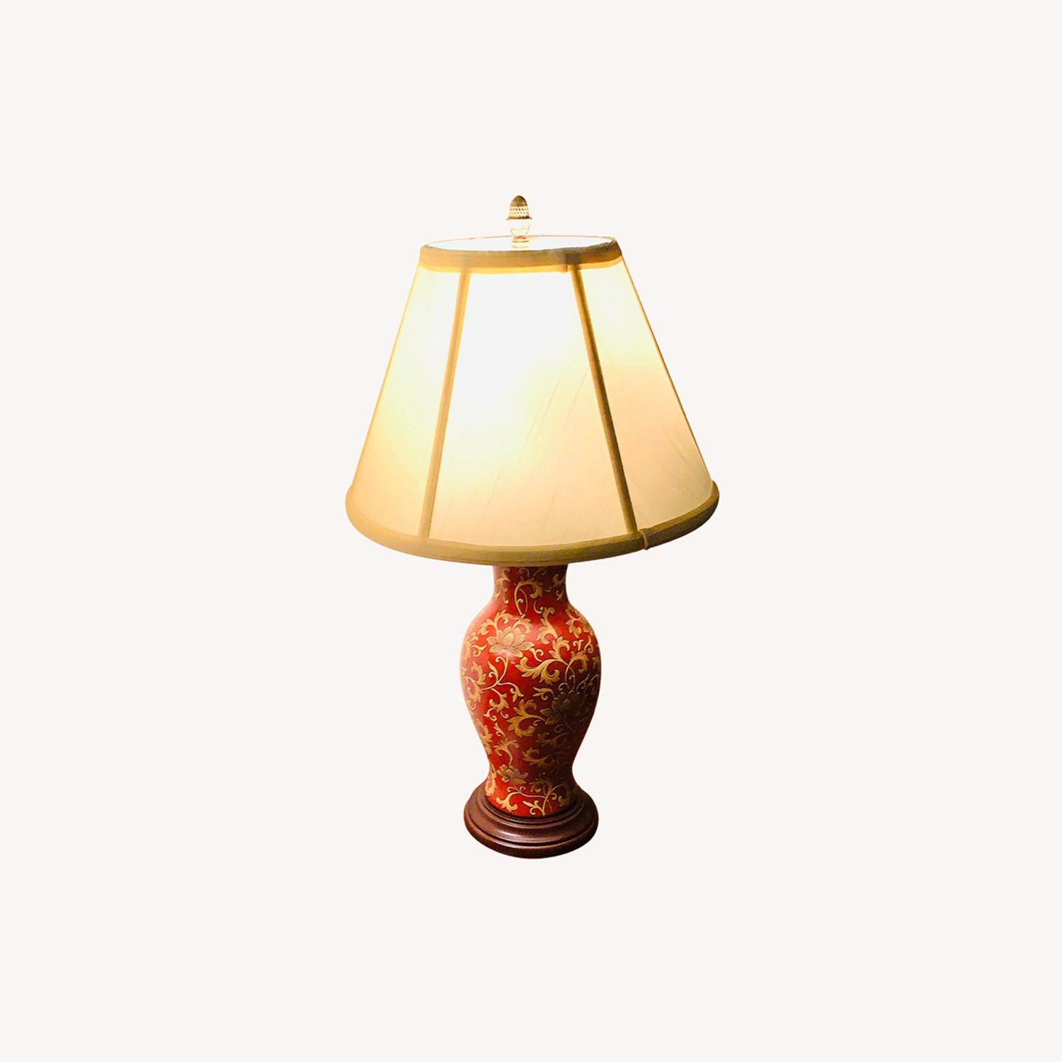 Hand Painted Red & Gold Porcelain Table Lamps w/ Silk Shades - image-0