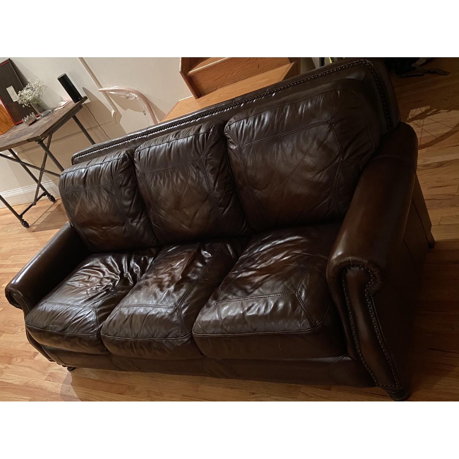 Brown Leather Sofa Rolled Arms Nailhead Accent Aptdeco