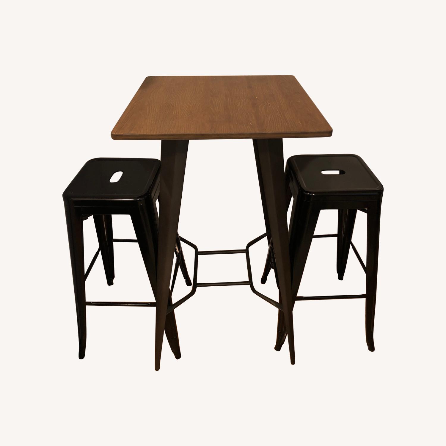 Industrial Metal Bar Table with Wood Top + 2 Stools - image-0