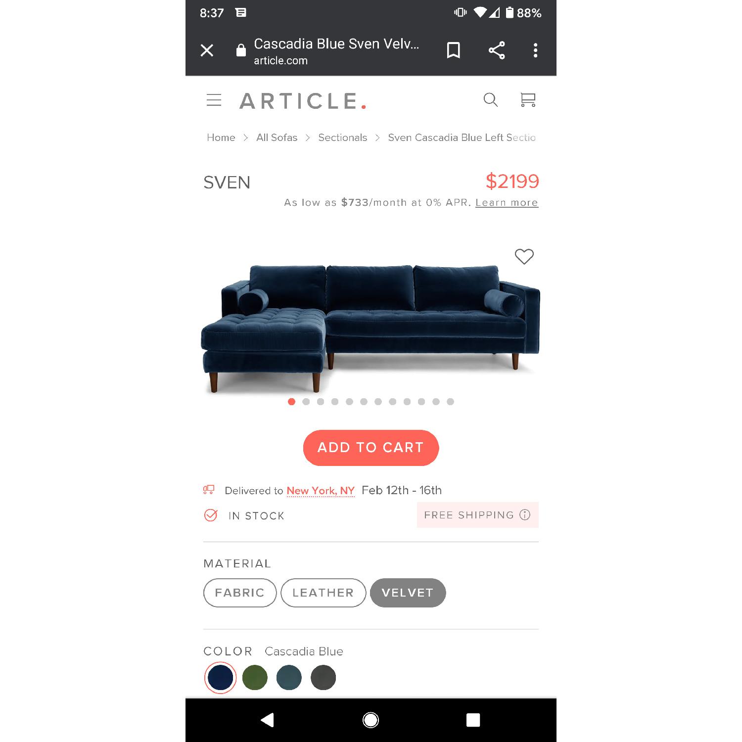 Article Navy Sven Velvet Sectional Couch - image-5