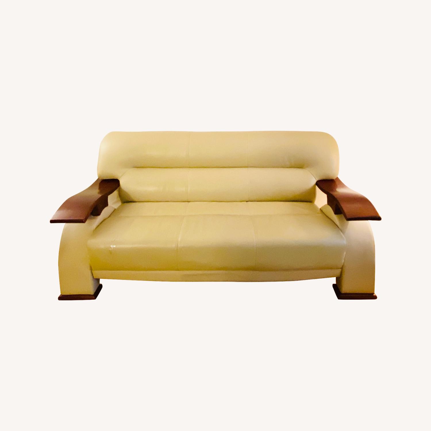 Raymour & Flanigan Cream Leather Sofa Modern Style AptDeco