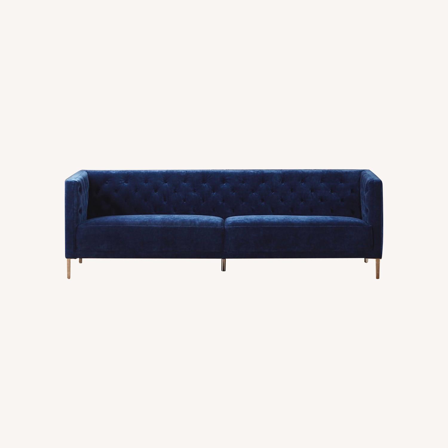 CB2 Tufted Blue Velvet Sofa AptDeco