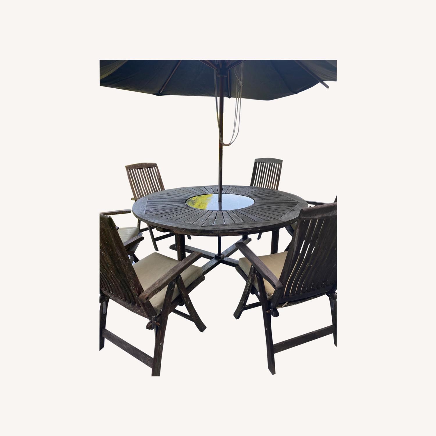 Frontgate Teak Dining Set (6 Chairs and Cushions) - image-0