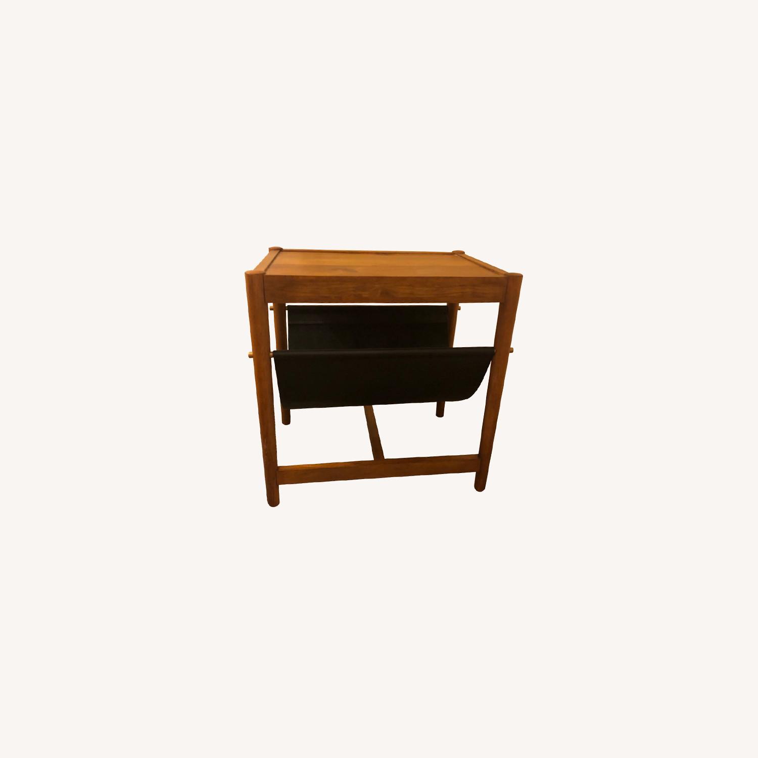 West Elm Side Table with Leather Magazine Holder AptDeco
