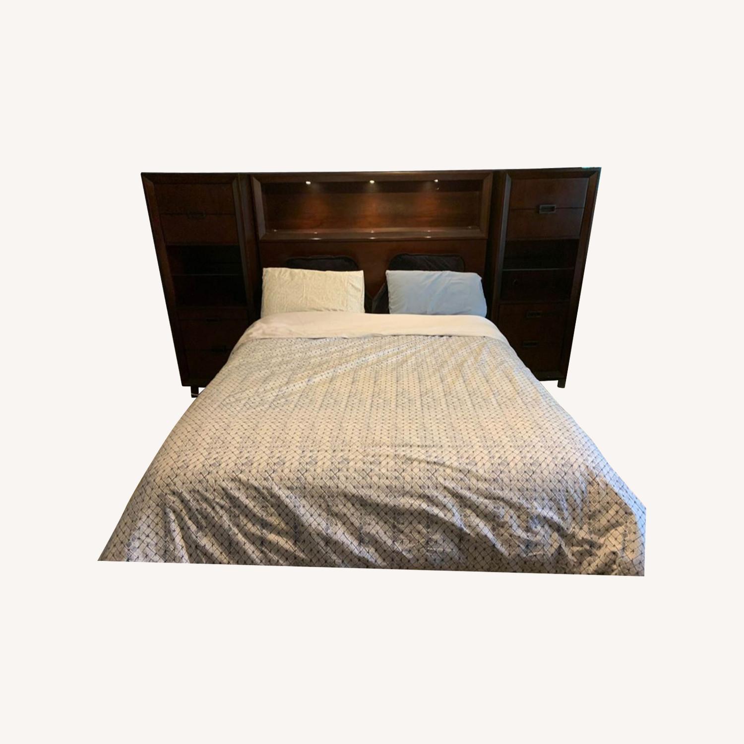 Dark Wood Queen Bed w Storage & Overhead Lighting AptDeco