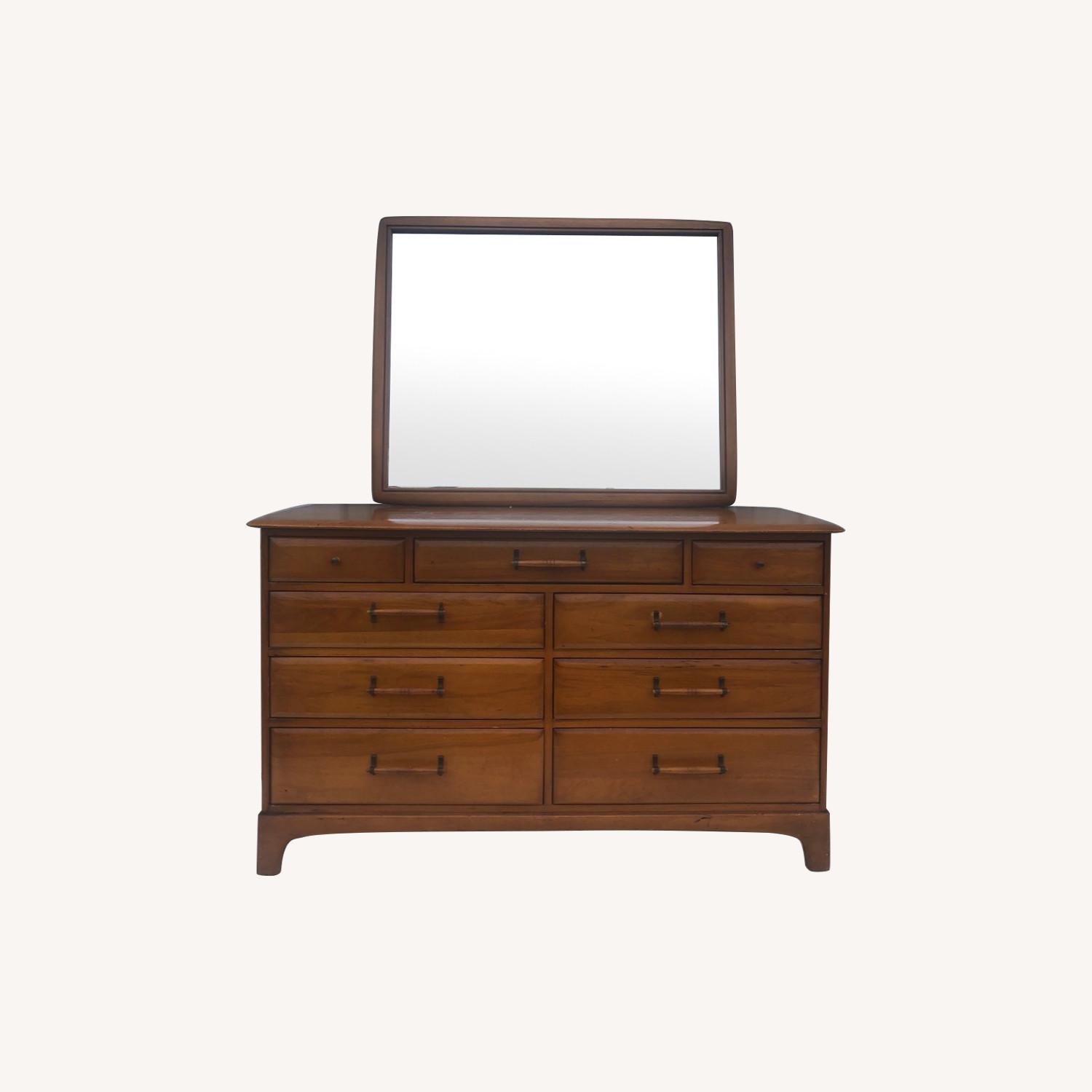 Mid Century Pine Lowboy Dresser and Mirror AptDeco