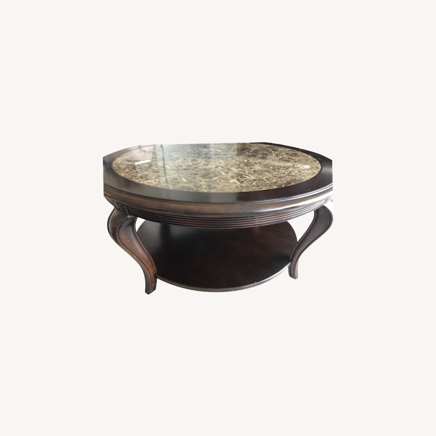 Raymour & Flanigan Marble Top Wood Coffee Table AptDeco