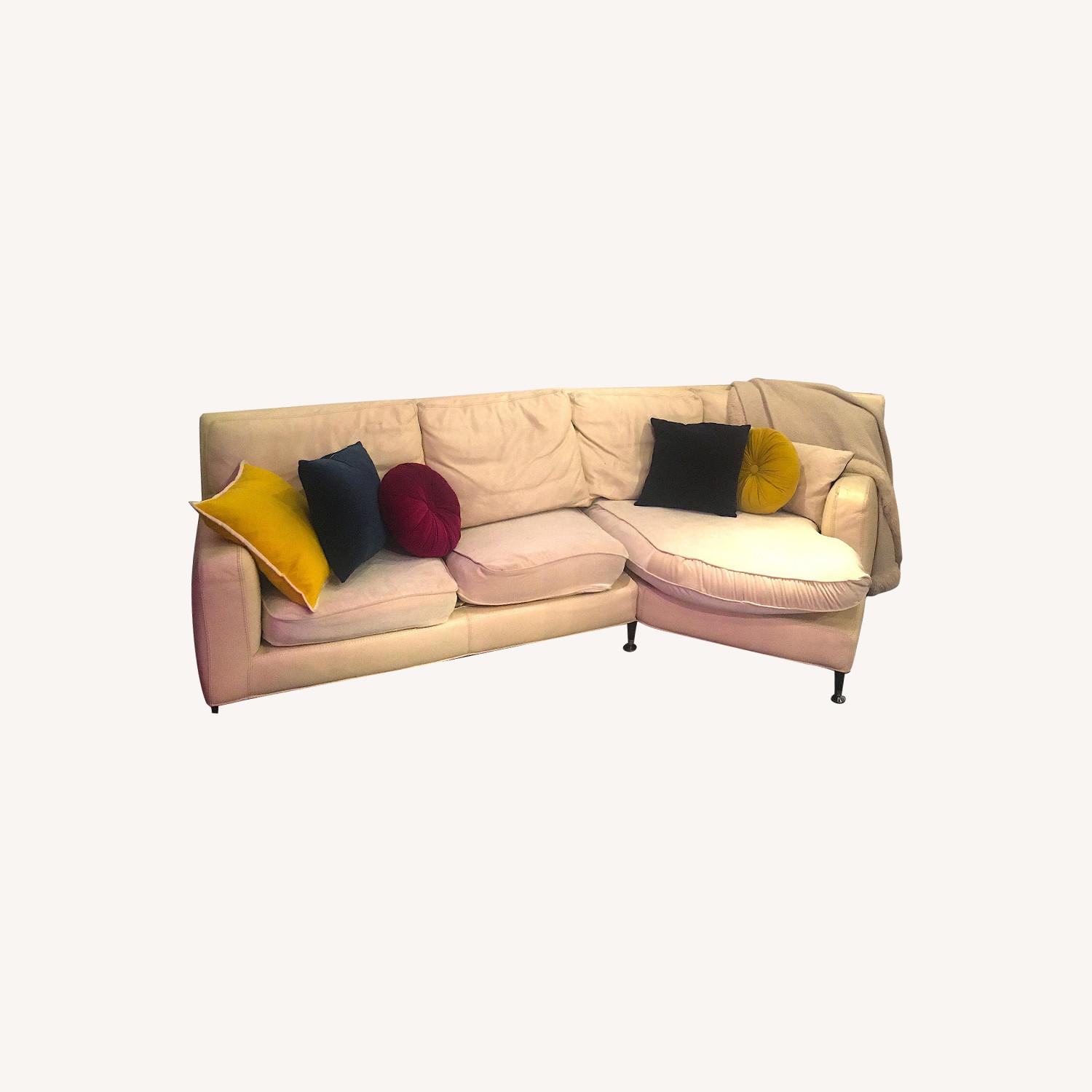 Cream Leather Couch with Fabric Seating Cushions AptDeco