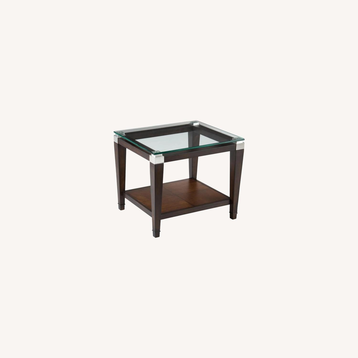 Raymour & Flanigan Glass End Table with Oak Hardwood AptDeco