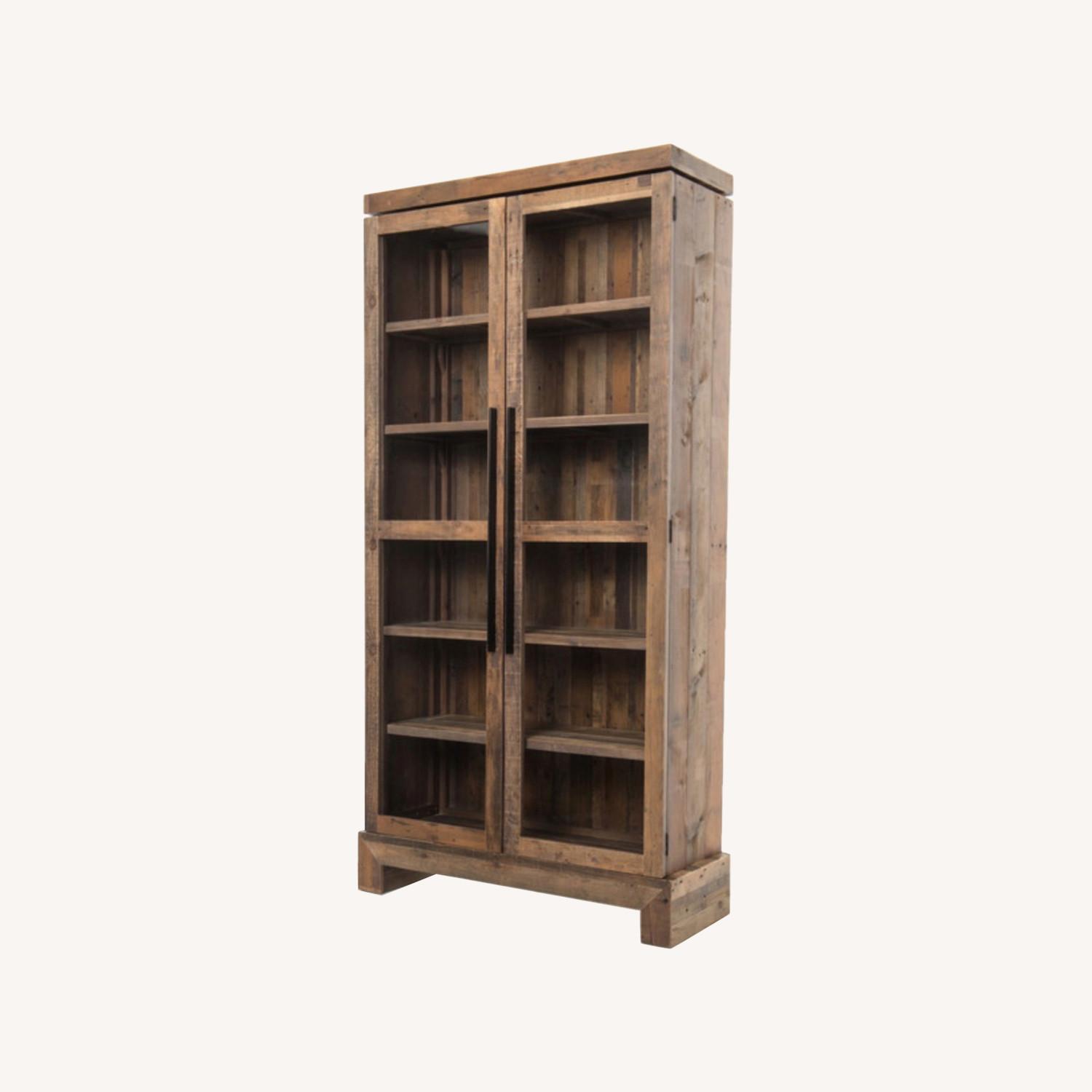 Tall Natural Wood Bookcase with Glass Panel Doors - image-0