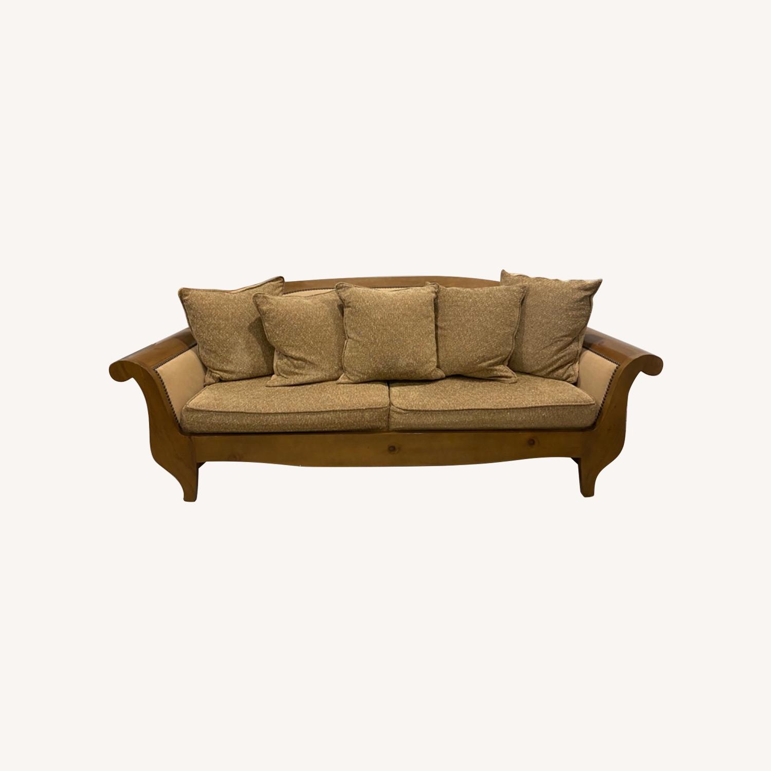Wood Sofa with Tan Tweed Cushions AptDeco