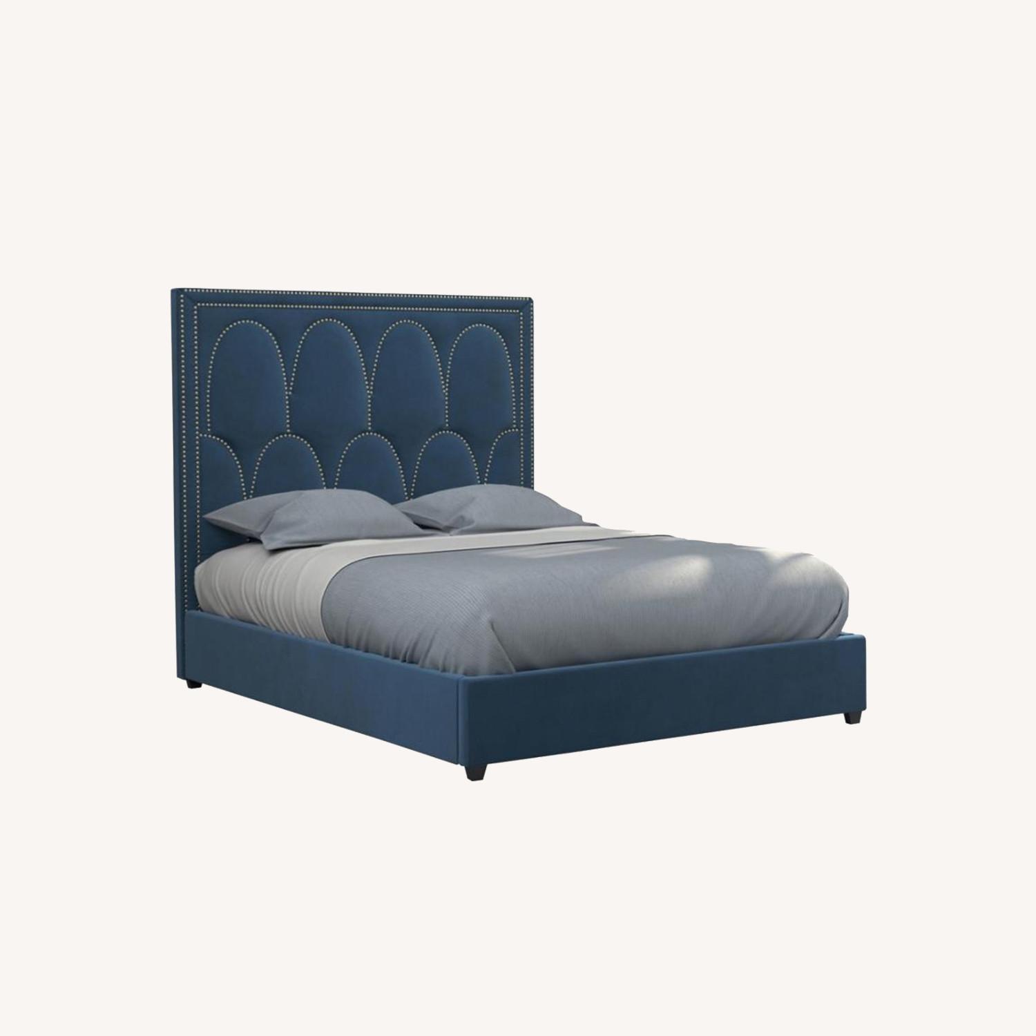 King Bed In Blue Velvet Finish W/ Brass Accents AptDeco