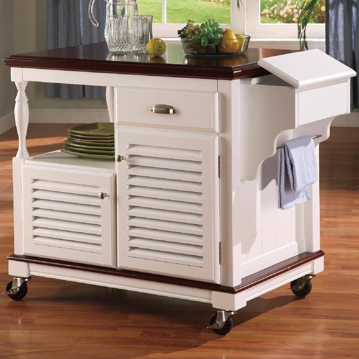 Two Tone Merlot White Finish Kitchen Island On Lockable Casters