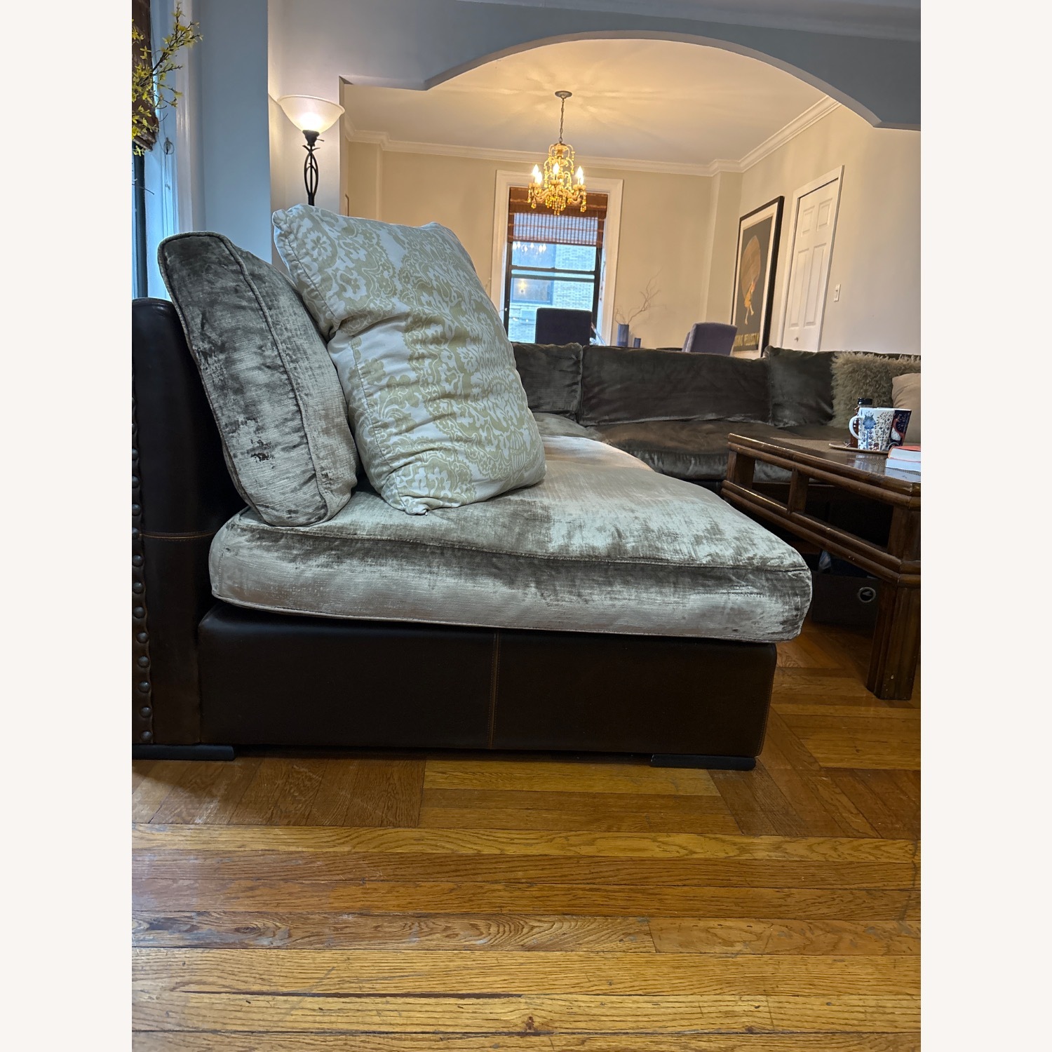 Comfy Sage Velvet and Brown Leather L Sectional - image-4