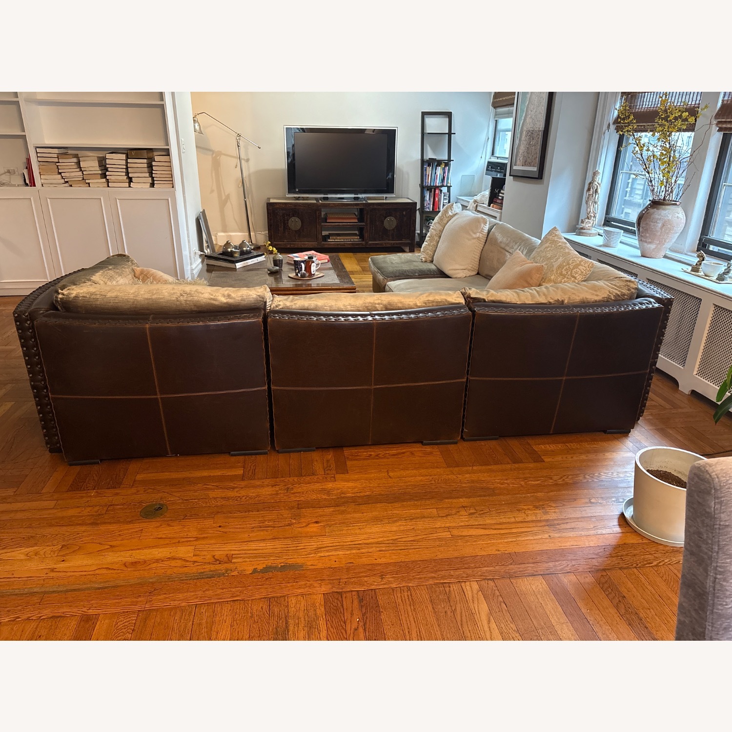 Comfy Sage Velvet and Brown Leather L Sectional - image-3