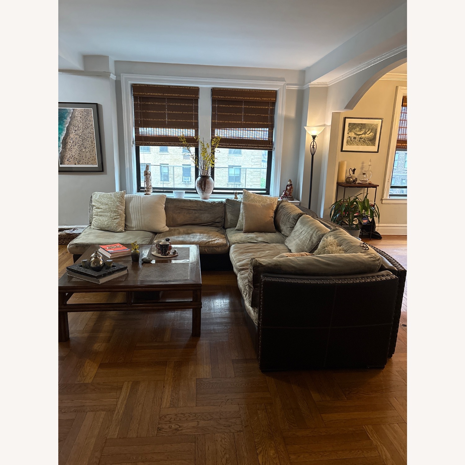 Comfy Sage Velvet and Brown Leather L Sectional - image-0