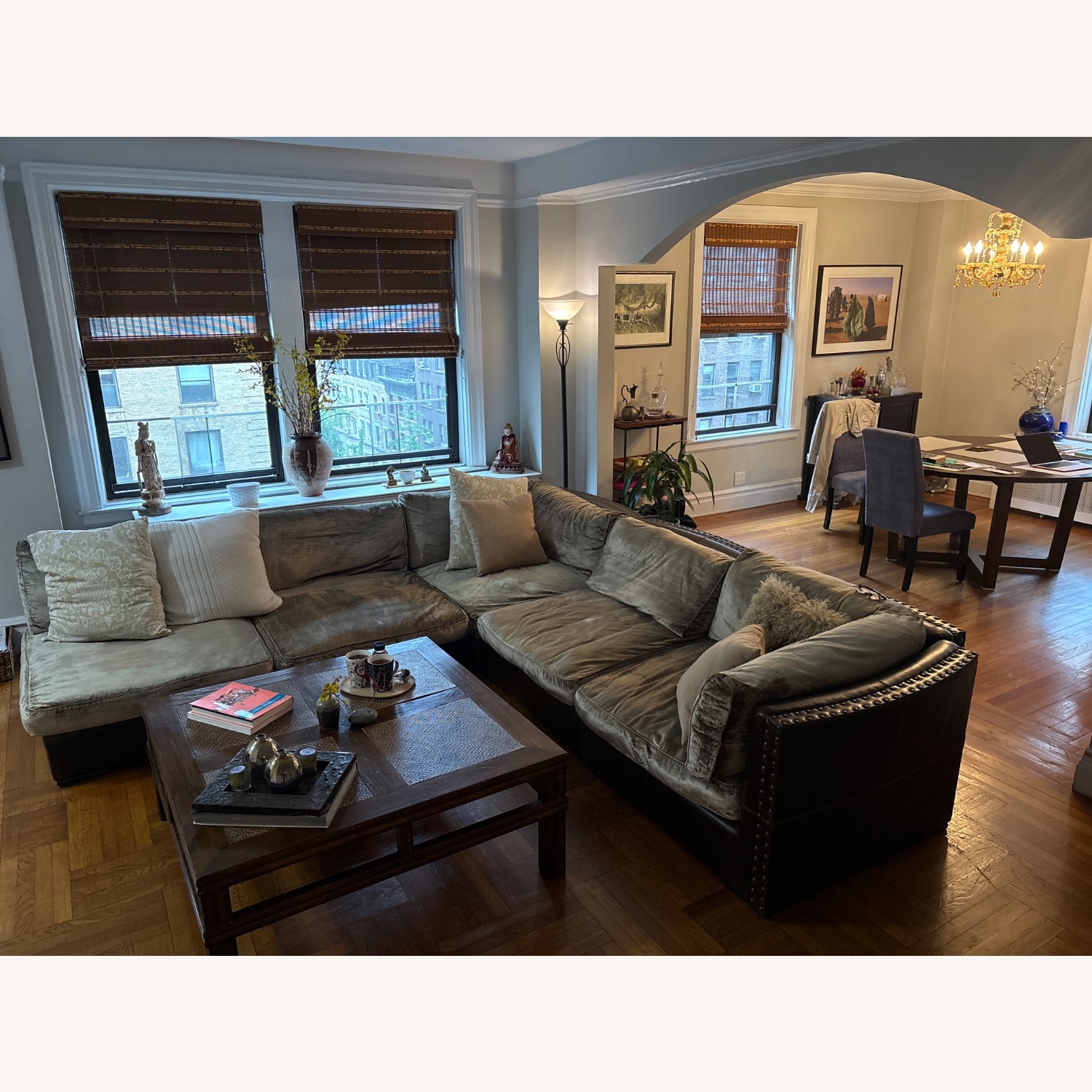 Comfy Sage Velvet and Brown Leather L Sectional - image-1