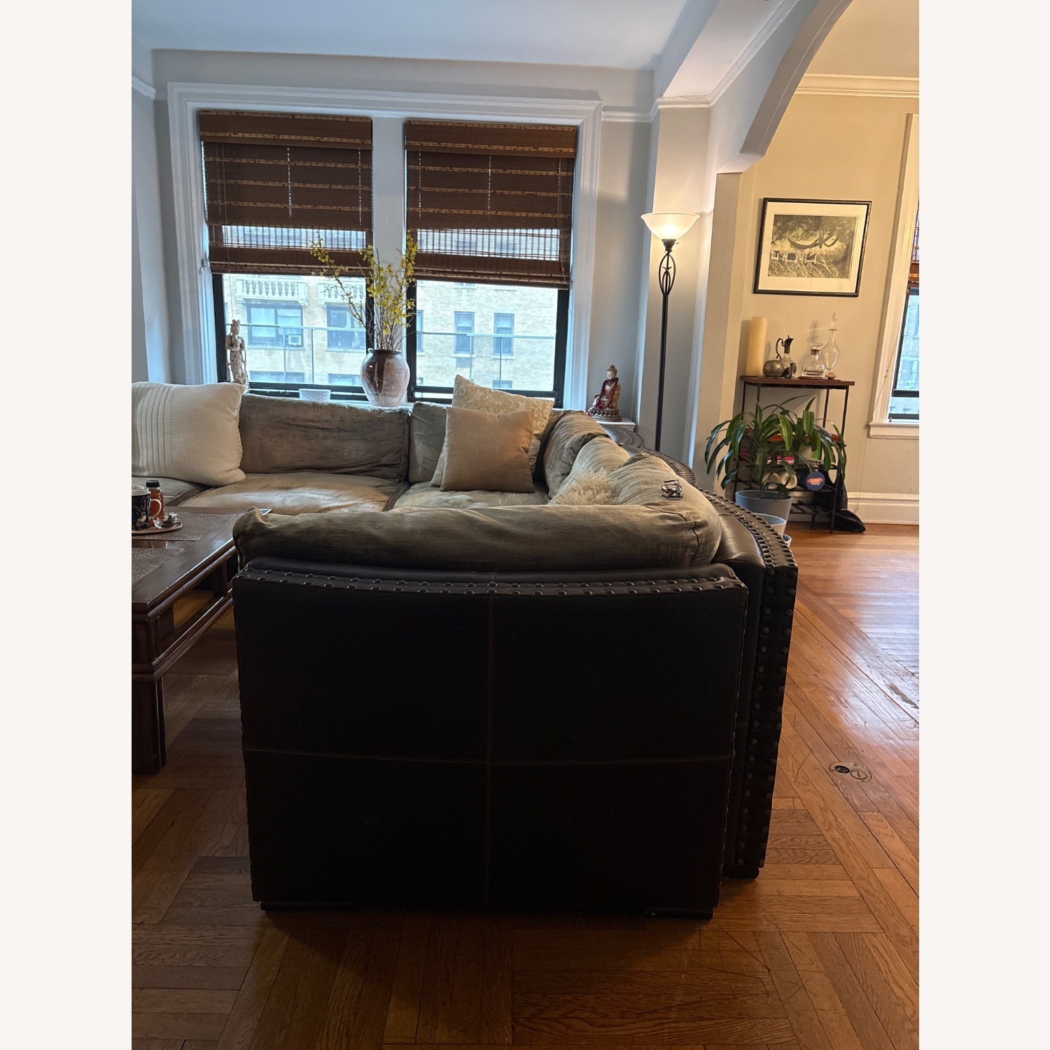 Comfy Sage Velvet and Brown Leather L Sectional - image-2