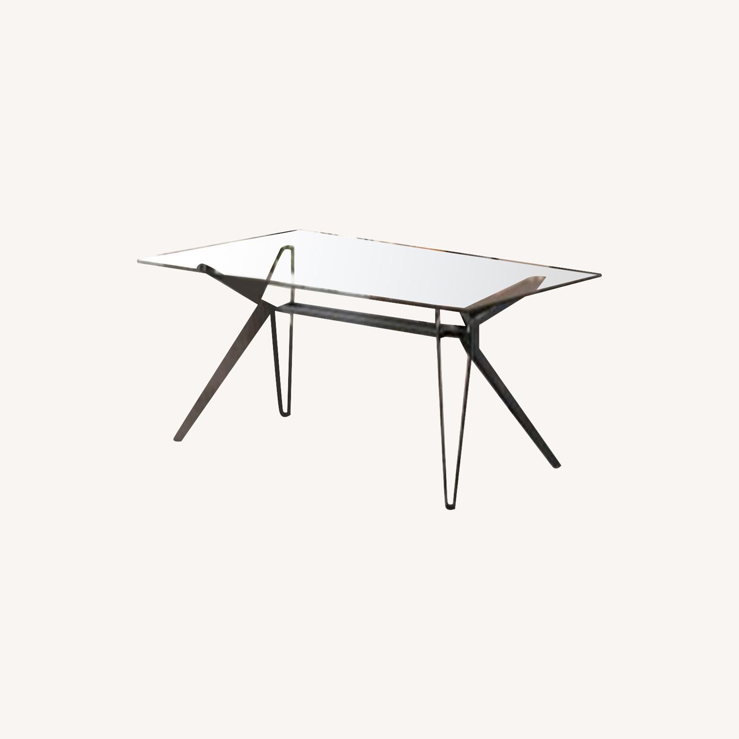 Dining Table In Black Matte Metal Base & Glass Top AptDeco