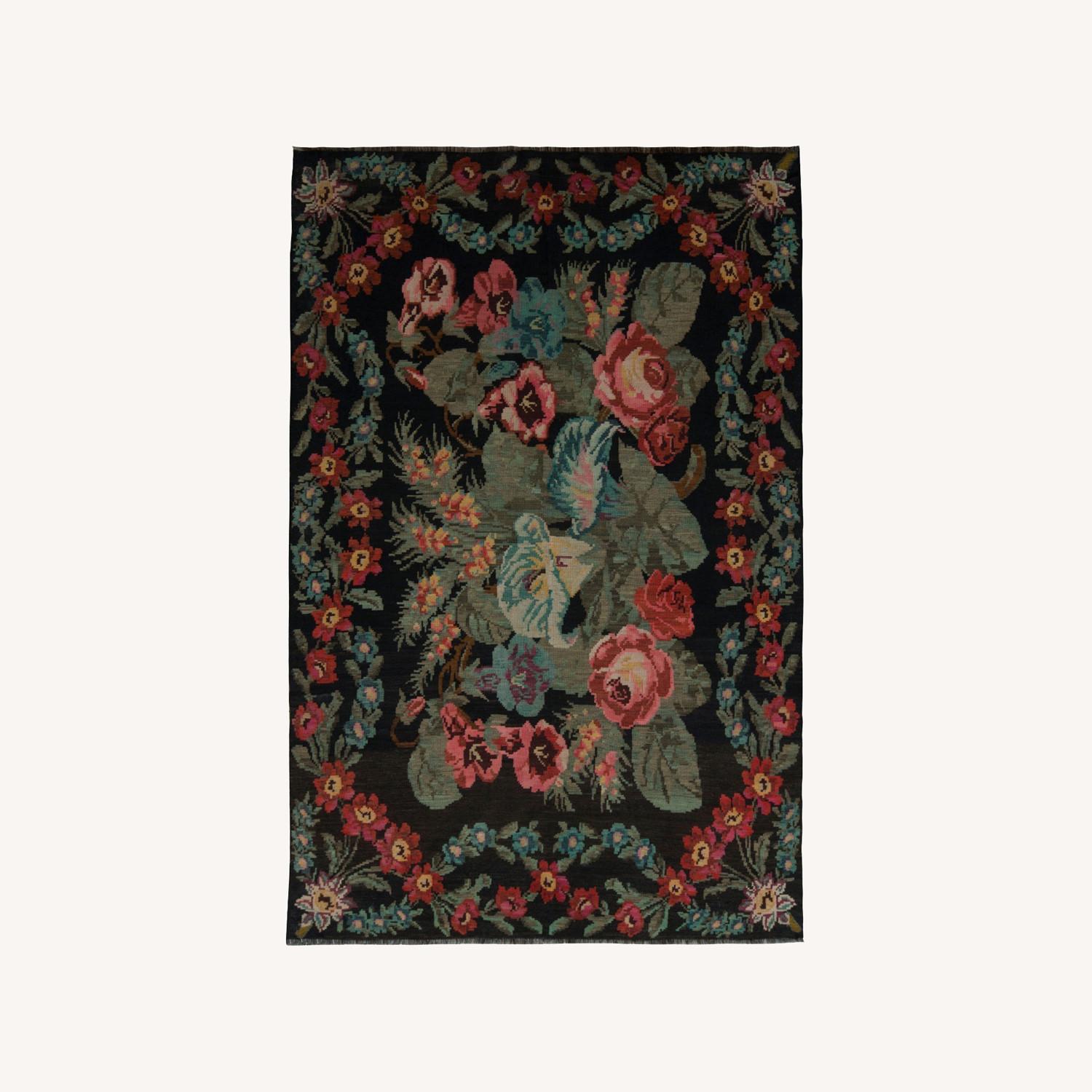 Vintage Bessarabian Kilim Black Red Blue Floral - image-0