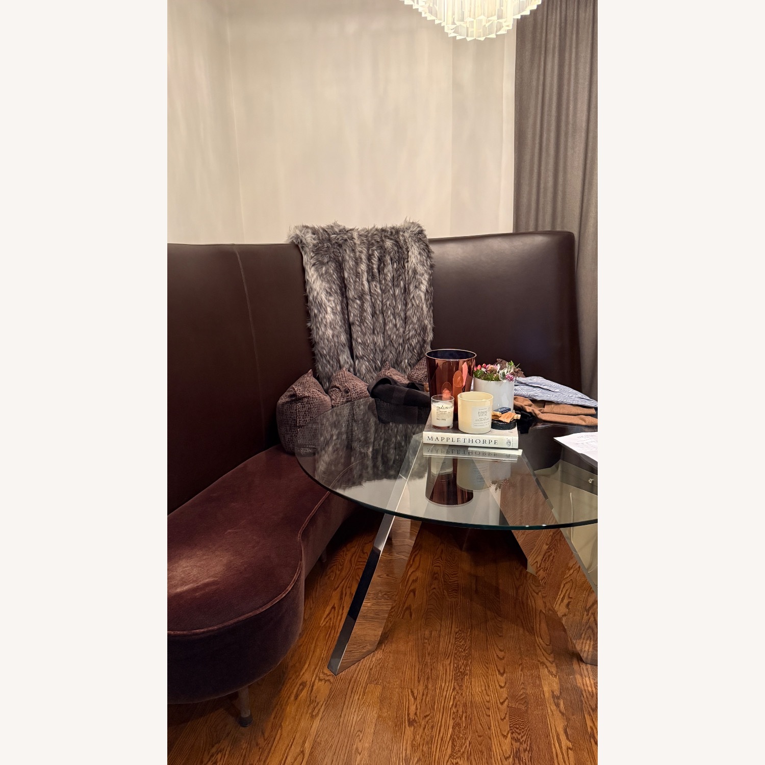 Chocolate Leather/Velvet Corner Curve Banquette - image-13