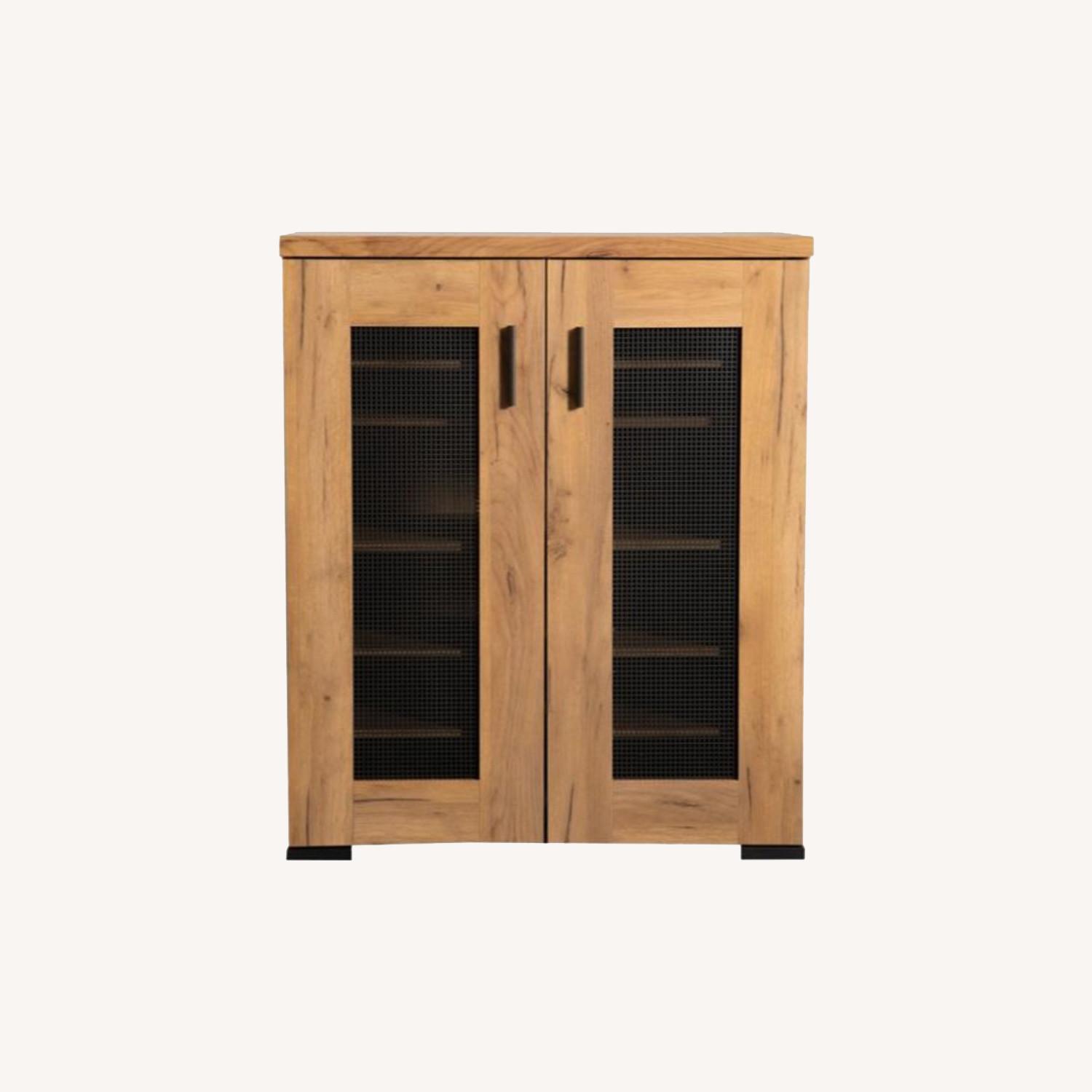 Shoe Cabinet In Golden Oak W/ Adjustable Shelves - AptDeco